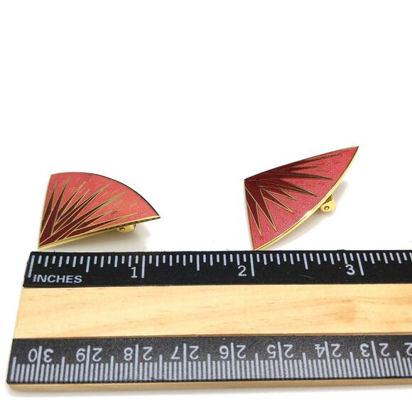 Vintage Isle of Skye Red Rose Fan Clip Earrings, Gold Plated Enamel - Picture 8 of 10